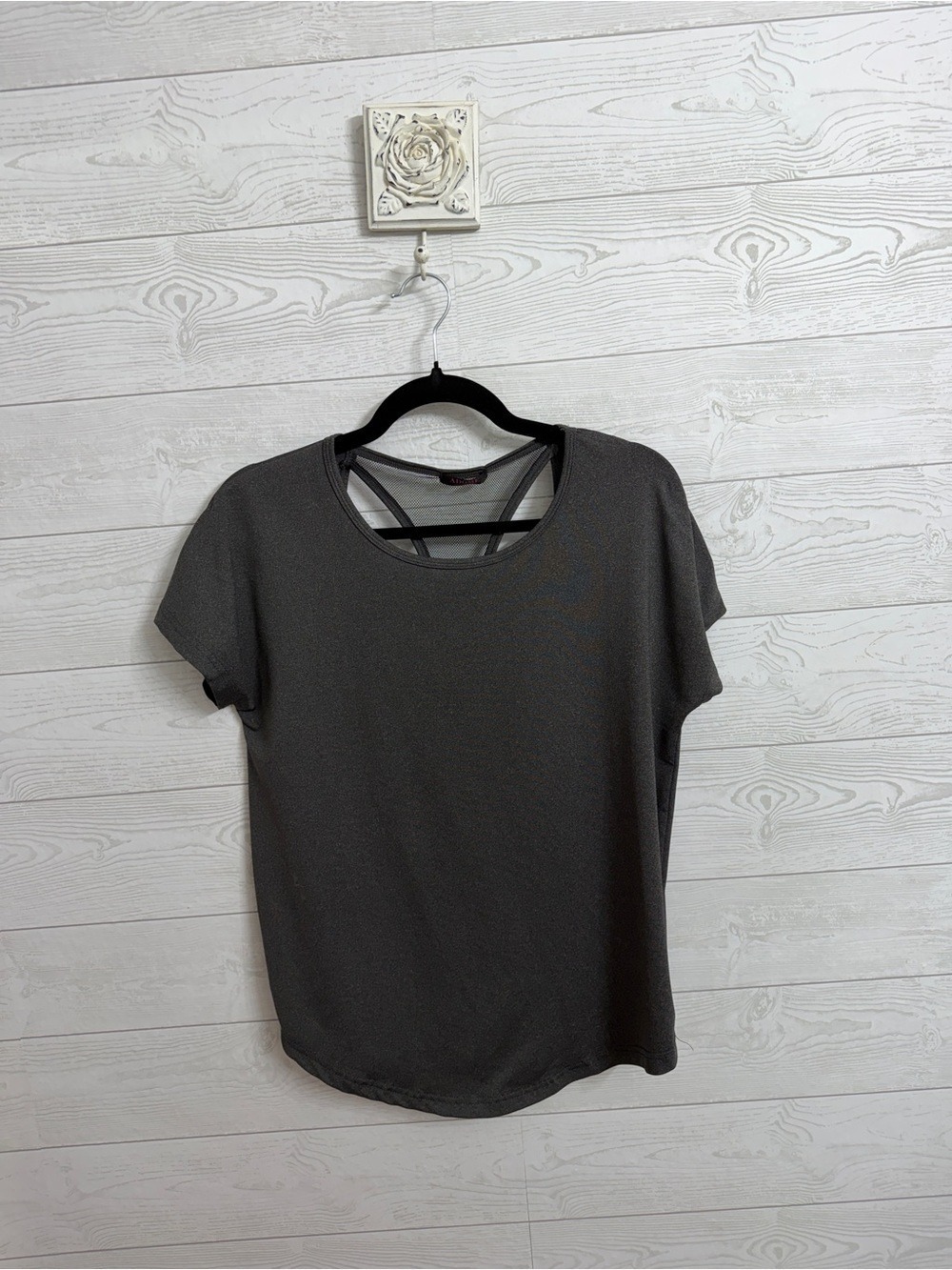 Adome Women’s Charcoal Short Sleeve ActivewearTee with Back Detail. Size S